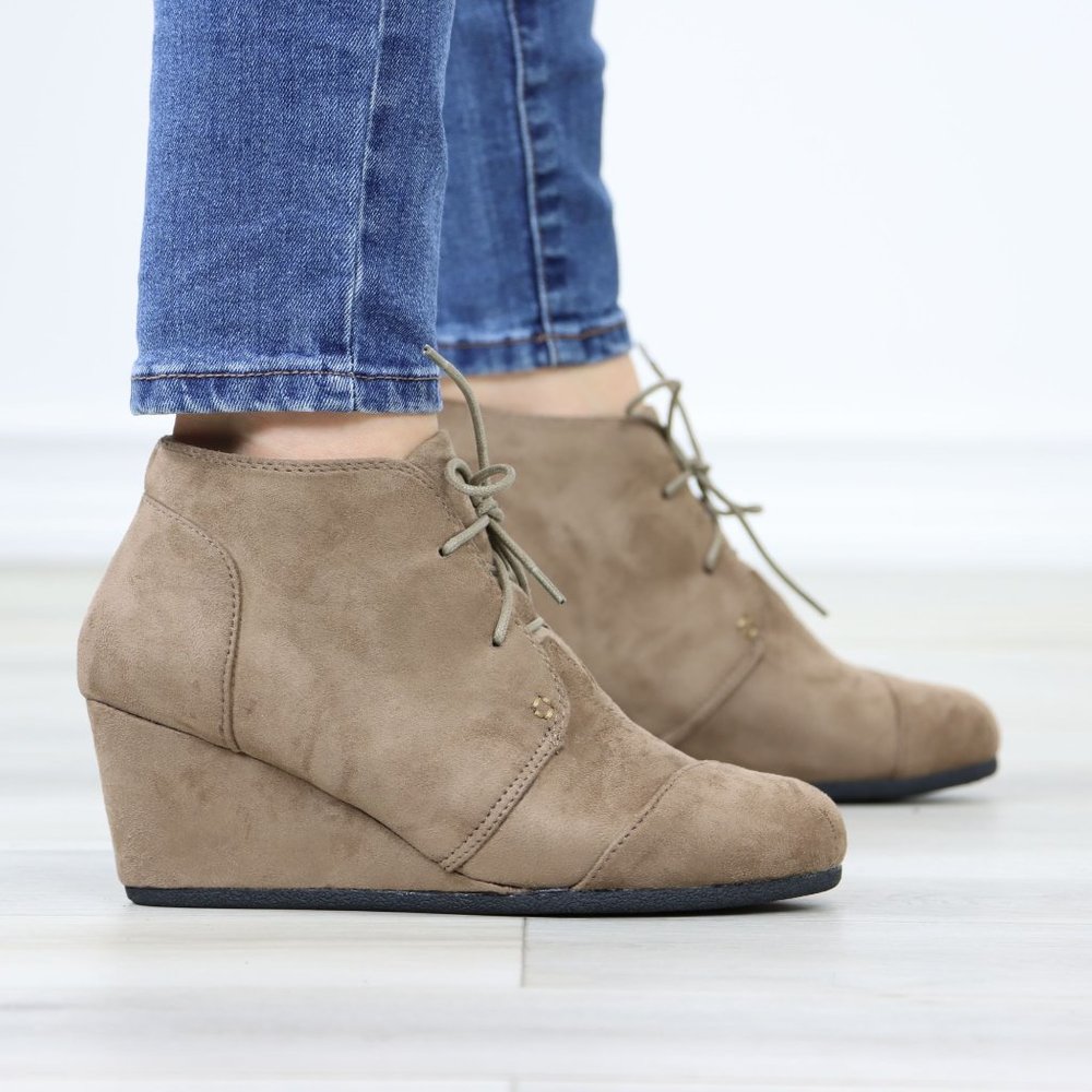 Taupe Faux Suede Round Toe Wedge Heel Lace Up Ankle Boots - Picture 4 of 12